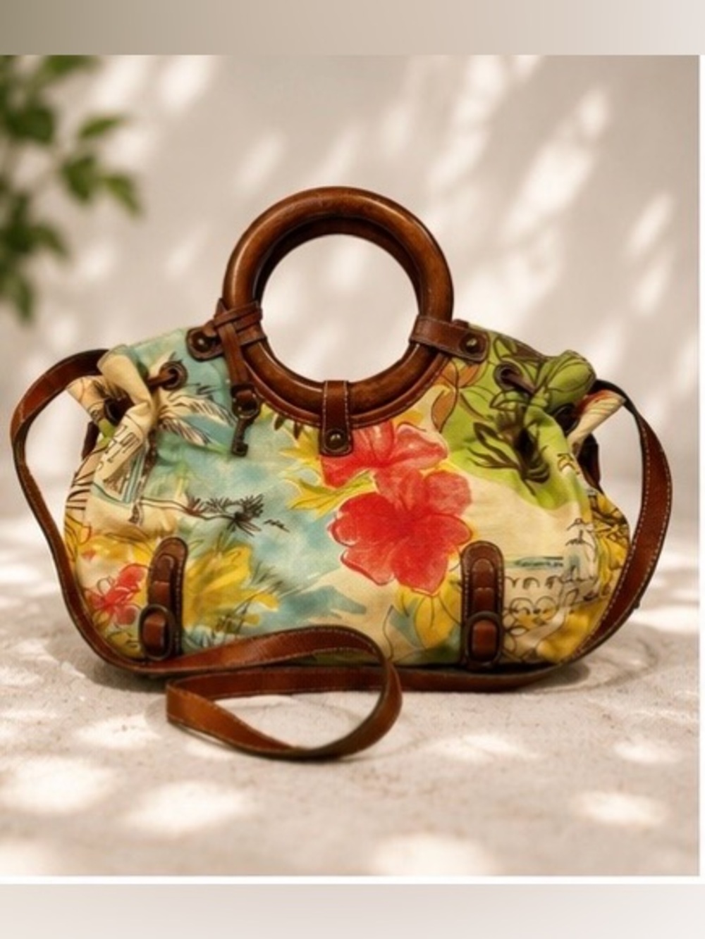 Fossil Tropical Floral Canvas Leather Wood Handle Crossbody Satchel Boho Y2K Bag